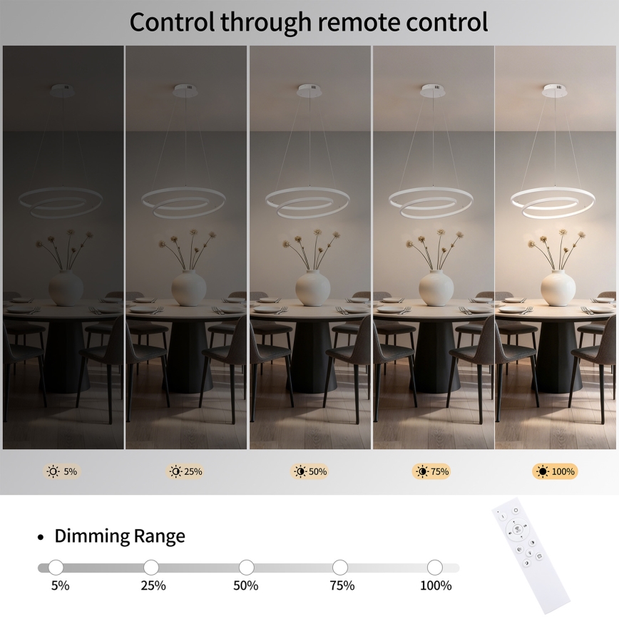Brilagi - LED-dimmbare Pendelleuchte an Kabel TWISTER LED/48W/230V 3000-6000K Ø 50 cm Weiß + Fernbedienung