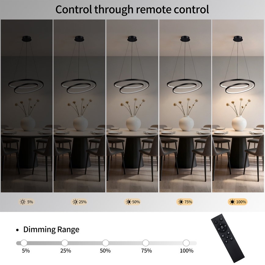 Brilagi - LED-dimmbare Pendelleuchte an Seil TWISTER LED/48W/230V 3000–6000K Ø 50 cm schwarz + Fernbedienung