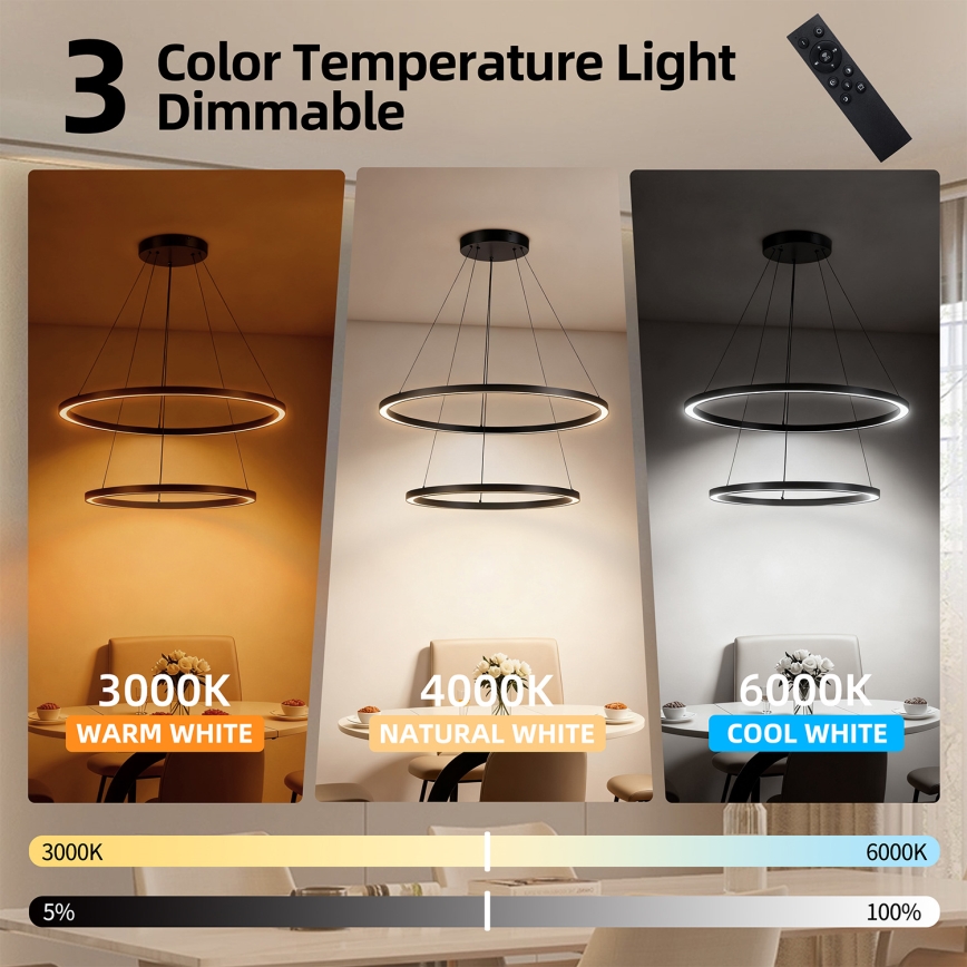 Brilagi - LED-dimmbare Pendelleuchte an Stahlseil PORTOFINO LED/98W/230V 3000-6000K Ø 80 cm schwarz + Fernbedienung