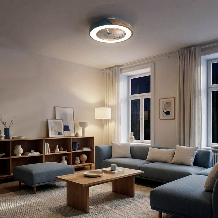Brilagi - LED-dimmbare Deckenleuchte mit Ventilator LED/38W/230V 3000-6500K Ø 50 cm blau/Eiche + Fernbedienung