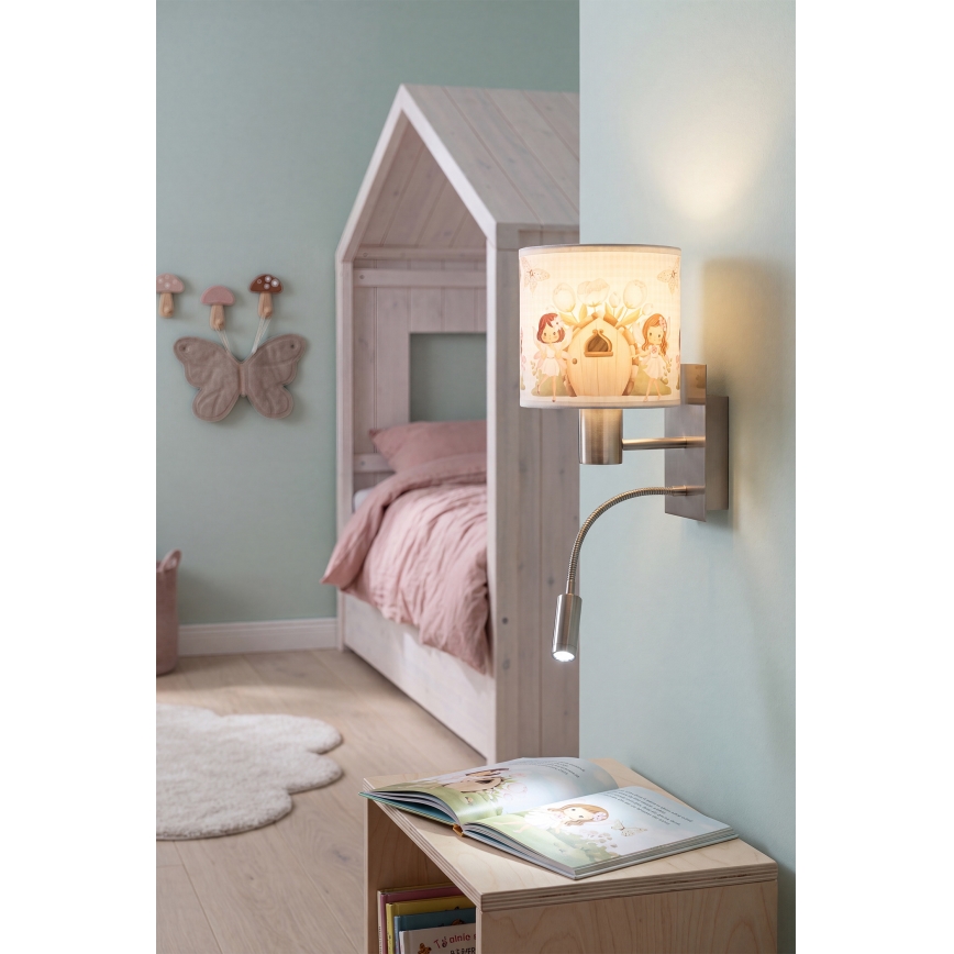 BRILAGI - LED flexible Kinder-Wandleuchte BOBO 1xE27/25W/230V + LED/3W mattchrom/weiß/rosa/Feen-Motiv