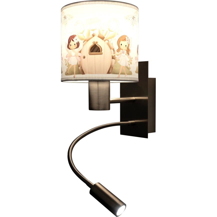 BRILAGI - LED flexible Kinder-Wandleuchte BOBO 1xE27/25W/230V + LED/3W mattchrom/weiß/rosa/Feen-Motiv