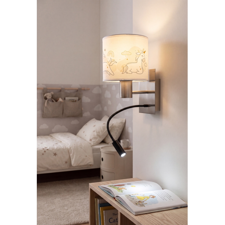 BRILAGI - LED Kinder-Wandleuchte BOBO, flexibel, 1x E27/25W/230V + LED 3W, mattchrom/weiß mit Einhorn-Motiv