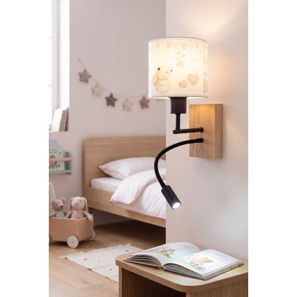 BRILAGI - LED Kinder-Wandleuchte BOBO WOOD, flexibel, 1xE27/25W/230V + LED/3W, Eiche/Schwarz/Creme, Hasenmotiv