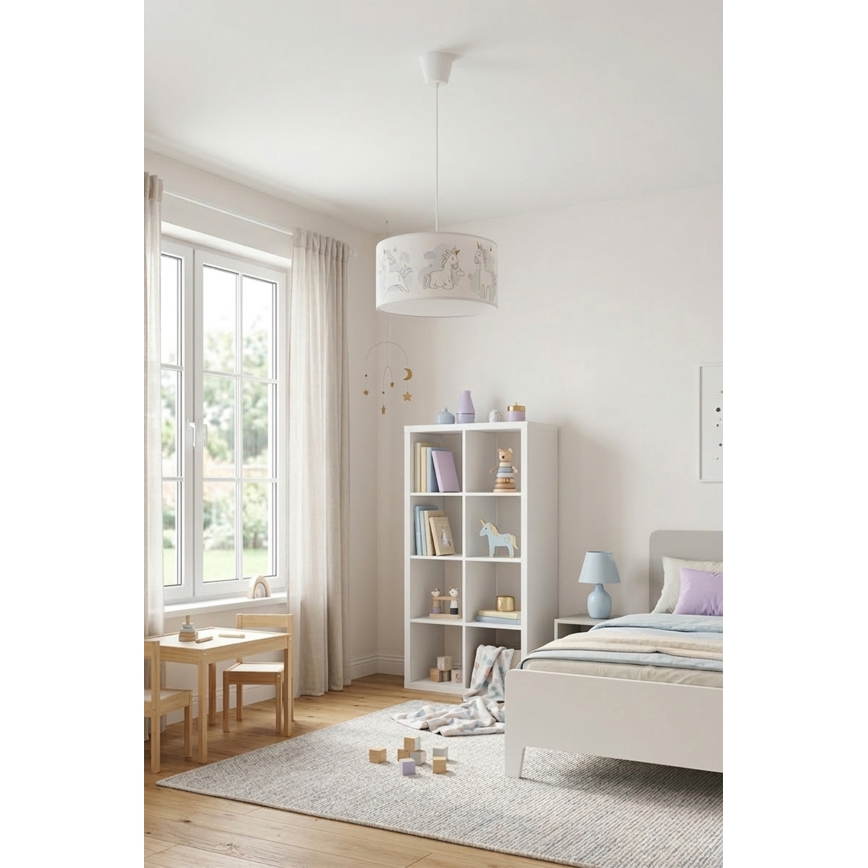 Brilagi - LED-Kinder-Pendelleuchte an Kabel BOBO 1xE27/60W/230V Ø 35 cm weiß/Einhörner
