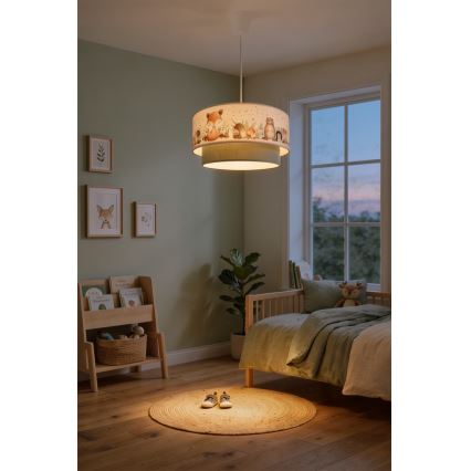 Brilagi - LED-Pendelleuchte für Kinder BOBO an Kabel 1xE27/10W/230V Ø 40 cm weiß/grün mit Tiermotiven