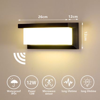 Brilagi - LED-Outdoor-Wandleuchte mit Sensor BRICKY LED/12W/230V schwarz IP54