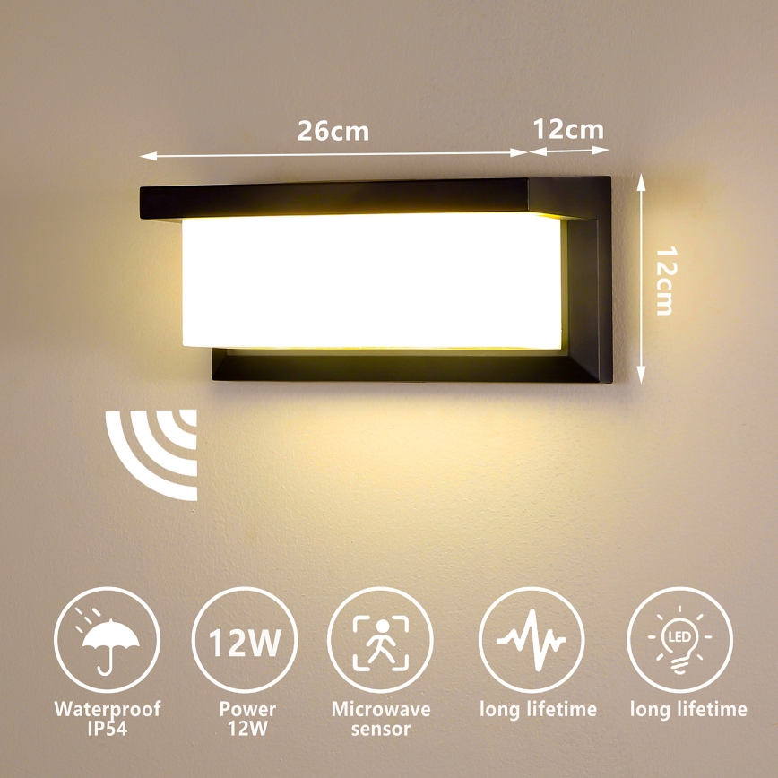 Brilagi - LED-Outdoor-Wandleuchte mit Sensor BRICKY LED/12W/230V schwarz IP54