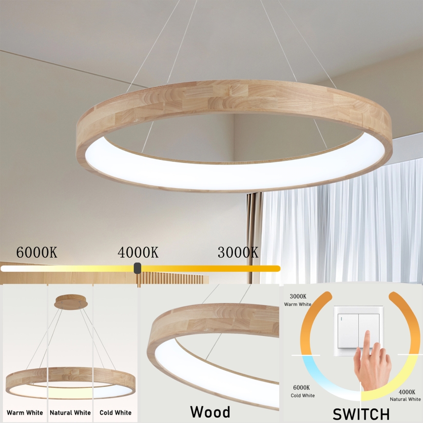 Brilagi - LED-Pendelleuchte an Kabel FALCON WOOD LED/60W/230V 3000/4000/6000K Ø 80 cm Holz