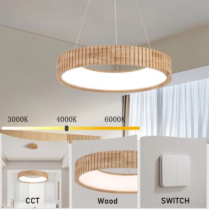 Brilagi - LED-Hängeleuchte an Kabel FALCON WOOD MODERN LED/30W/230V 3000/4000/6000K Ø 45 cm aus Holz