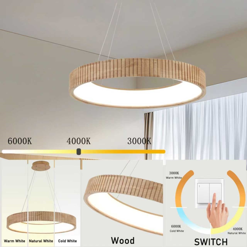 Brilagi - LED-Pendelleuchte mit Seilaufhängung FALCON WOOD MODERN LED/40W/230V 3000/4000/6000K Ø 60 cm Holz