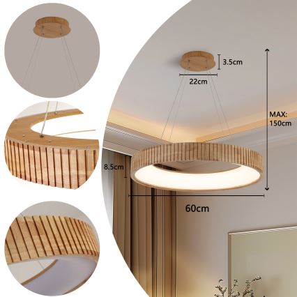 Brilagi - LED-Pendelleuchte mit Seilaufhängung FALCON WOOD MODERN LED/40W/230V 3000/4000/6000K Ø 60 cm Holz