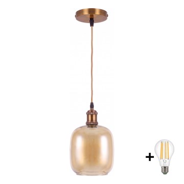 BRILAGI - LED-Pendelleuchte an Kabel RETRO GLASS 1xE27/60W/230V Ø 14 cm gold/rauchbraun