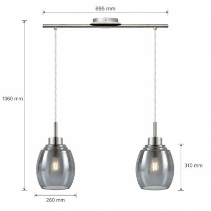 BRILAGI - LED Pendelleuchte an Kabel RETRO GLASS 2xE27/60W/230V mattchrom/rauchgrau