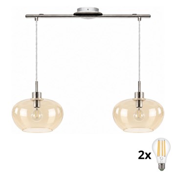 BRILAGI - LED-Pendelleuchte an Kabel RETRO GLASS 2xE27/60W/230V mattchrom/rauchiges Beige