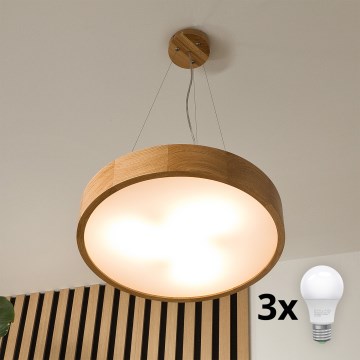 Brilagi - LED-Pendelleuchte CARVALHO mit Seilaufhängung, 3xE27/60W/230V, Eiche, Ø 47,5 cm