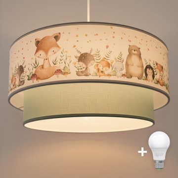 Brilagi - LED-Pendelleuchte für Kinder BOBO an Kabel 1xE27/10W/230V Ø 40 cm weiß/grün mit Tiermotiven
