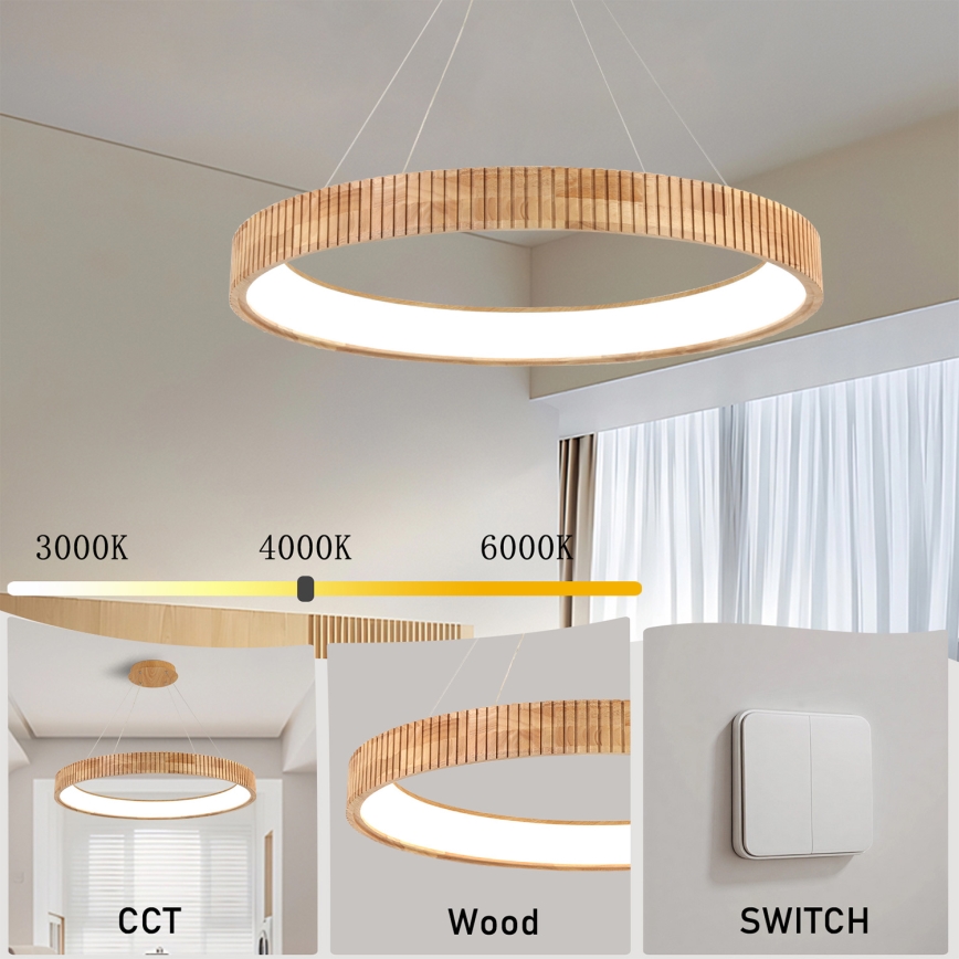 Brilagi - LED-Pendelleuchte mit Seil FALCON WOOD MODERN LED/60W/230V 3000/4000/6000K Ø 80 cm Holz