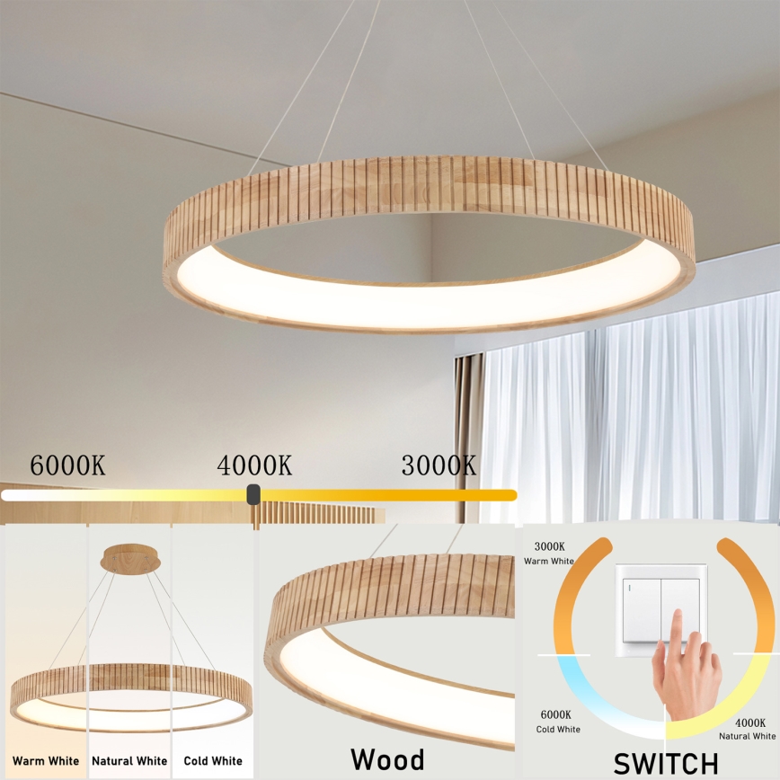 Brilagi - LED-Pendelleuchte mit Seil FALCON WOOD MODERN LED/60W/230V 3000/4000/6000K Ø 80 cm Holz