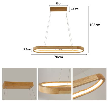 Brilagi - LED-Pendelleuchte UMEA WOOD mit Seilaufhängung, LED/30W/230V, 70x20 cm, Holz