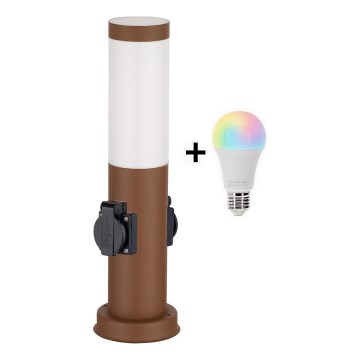 BRILAGI - LED RGBW dimmbare Außenleuchte mit 2 Steckdosen NOVA 1xE27/12W/230V 2700–6500K IP44 40 cm braun