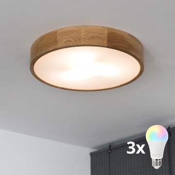 Brilagi - LED RGBW dimmbare Deckenleuchte CARVALHO 3xE27/15W/230V 2700-6500K Wi-Fi Eiche Ø 47,5 cm