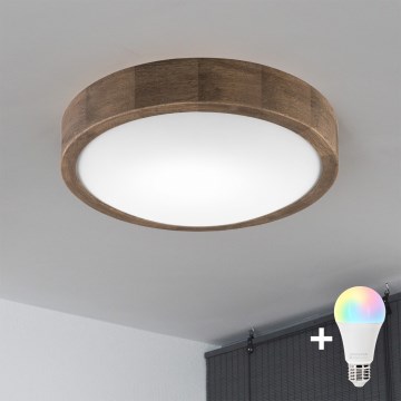 Brilagi - LED RGBW dimmbare Deckenleuchte CARVALHO SLIM 1xE27/9W/230V 2700-6500K Wi-Fi Eiche Ø 27 cm