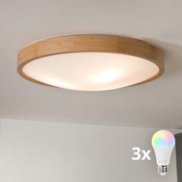 Brilagi - LED RGBW dimmbare Deckenleuchte CARVALHO SLIM 3xE27/9W/230V 2700-6500K Wi-Fi Eiche Ø 47 cm