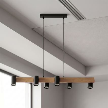 BRILAGI - LED RGBW dimmbare Pendelleuchte mit Seilabhängung SELE 6xGU10/6,5W/230V 2700-6500K schwarz/Eichen-Dekor + Fernbedienung