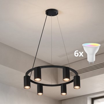BRILAGI - LED RGBW dimmbare Pendelleuchte an Stahlseil SELE 6xGU10/6,5W/230V 2700-6500K schwarz + Fernbedienung