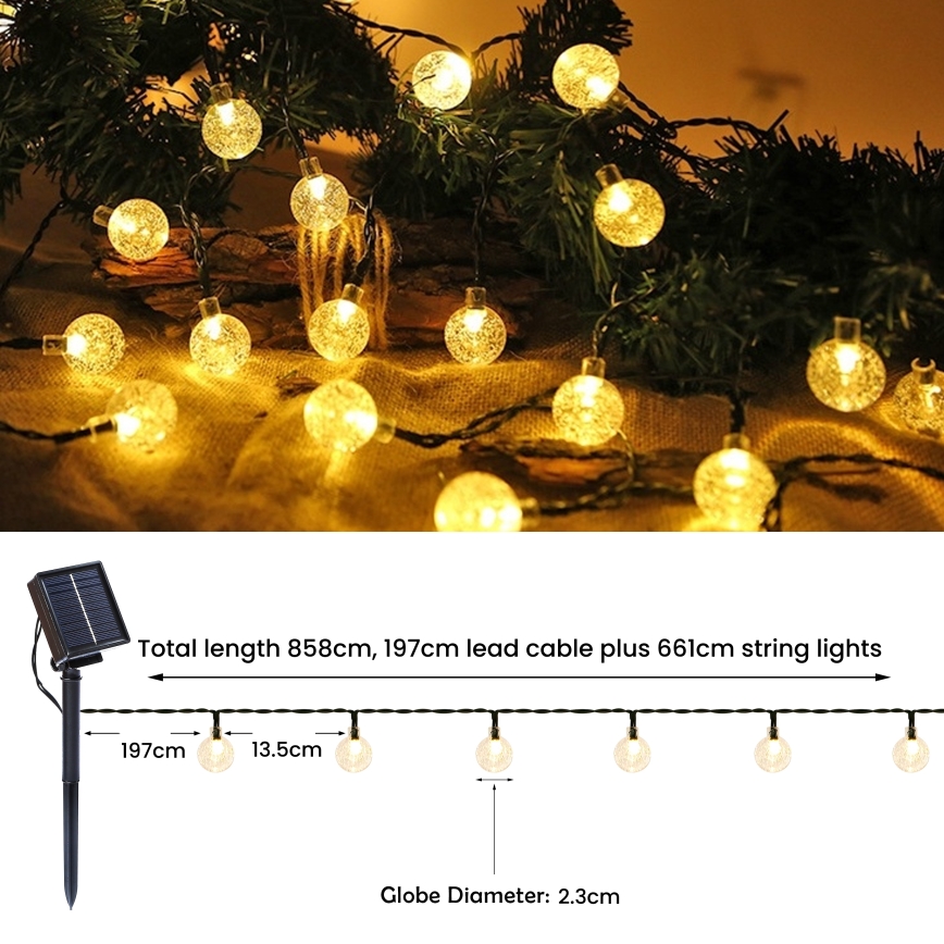 BRILAGI - LED Solar-Dekorations-Lichterkette BUBBLE, 200 LEDs / 8 Funktionen, 20 m, IP65, warmweiß, 800 mAh