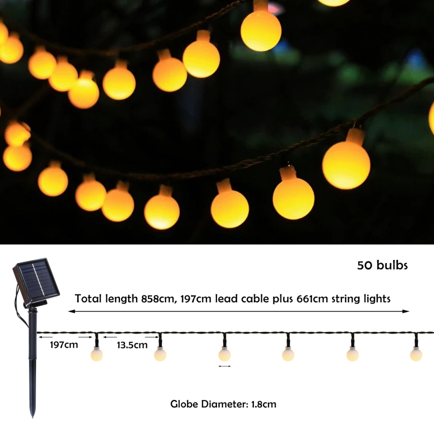 Brilagi - LED-Solar-Dekorations-Lichterkette BUBBLE 50 LEDs / 8 Funktionen 7 m IP65 warmweiß 600 mAh