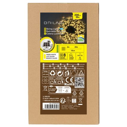 BRILAGI - Solar-Weihnachtslichterkette 200 LEDs / 8 Funktionen, 22 m, 800 mAh, IP65, warmweiß