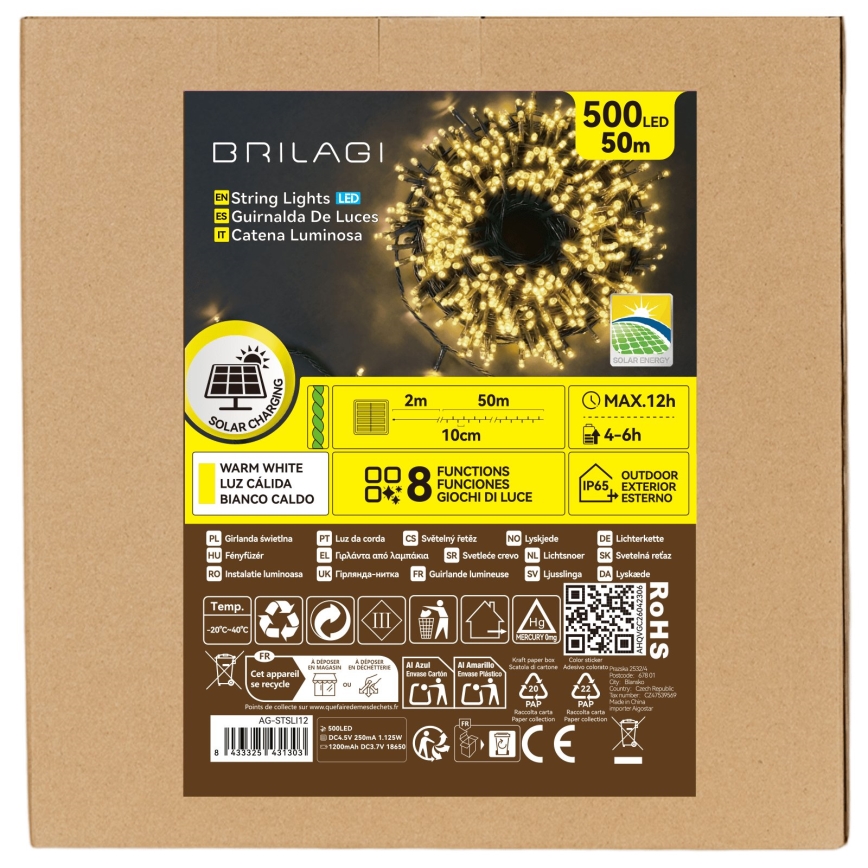 BRILAGI - LED-Solar-Weihnachtslichterkette 500 LEDs / 8 Funktionen, 52 m, 1200 mAh, IP65, warmweiß