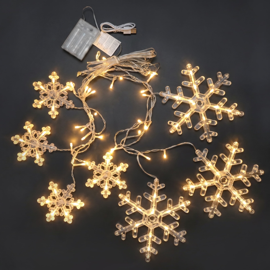BRILAGI - LED-Weihnachts-Lichtervorhang 77xLED/3xAA/USB, 3,8 m, Schneeflocken, warmweiß