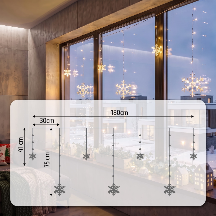 BRILAGI - LED-Weihnachts-Lichtervorhang 77xLED/3xAA/USB, 3,8 m, Schneeflocken, warmweiß