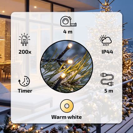 BRILAGI - LED-Weihnachtslichterkette für den Außenbereich, 200 LEDs, 9 m, IP44, warmweiß