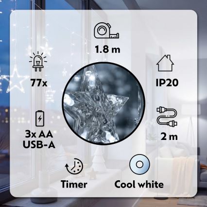 BRILAGI - LED-Weihnachtslichtervorhang 77xLED/3xAA/USB 1,8m kaltweiß