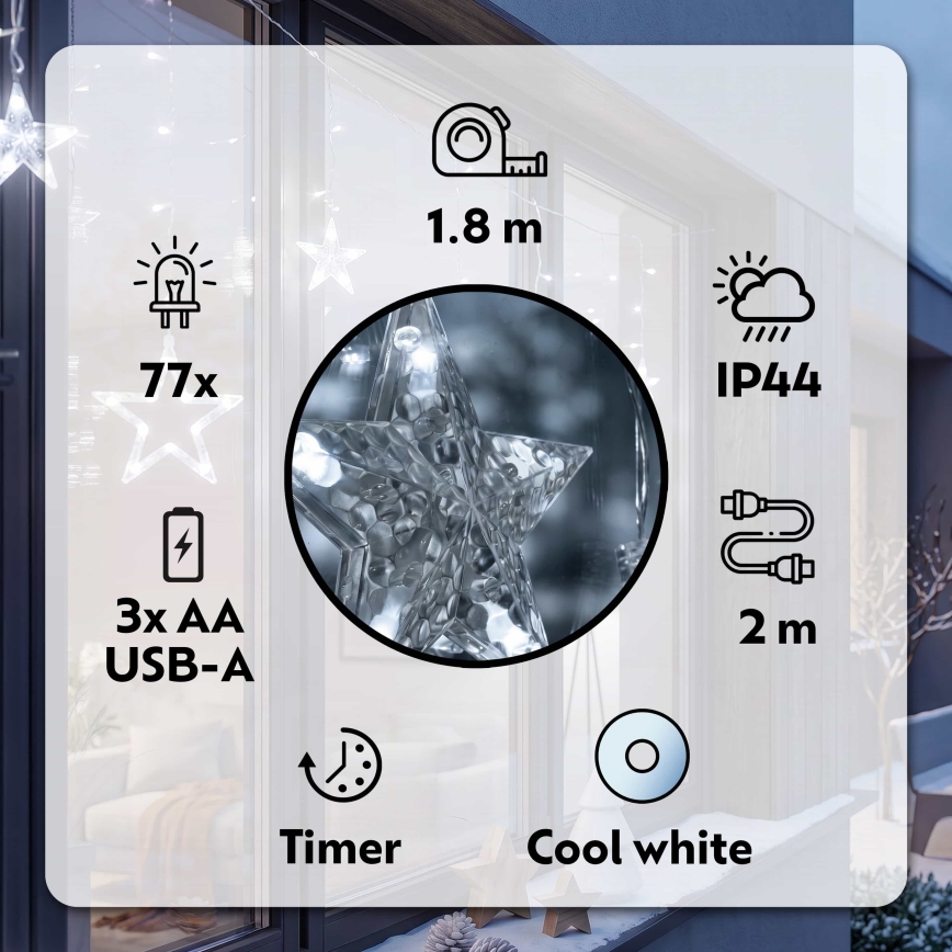 BRILAGI - LED-Weihnachtslichtervorhang für Außenbereiche 77xLED/3xAA/USB 1,8m IP44 kaltweiß