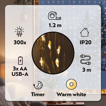 BRILAGI - LED-Weihnachtsvorhang 300xLED/8 Funktionen/3xAA/USB 1,2m warmweiß