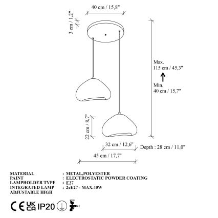Brilagi - Pendelleuchte an Kabel LORA 2xE27/40W/230V Ø 45 cm weiß