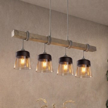 BRILAGI - Pendelleuchte mit Kabel WOOD GLASS 4xE27/60W/230V Kiefer/Grau/rauchbraun