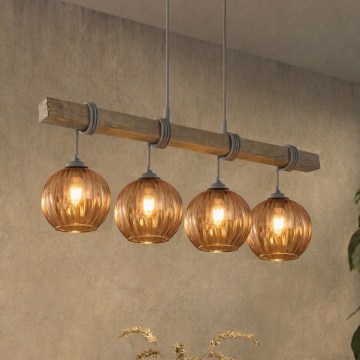 BRILAGI - Pendelleuchte WOOD GLASS an Kabel 4xE27/60W/230V Kiefer/grau/rauchbraun