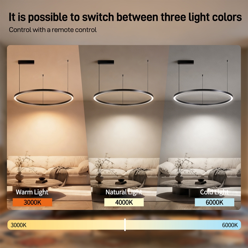 Brilagi - LED-dimmbare Pendelleuchte an Seil PORTOFINO LED/60W/230V 3000-6000K Ø 80 cm schwarz + Fernbedienung