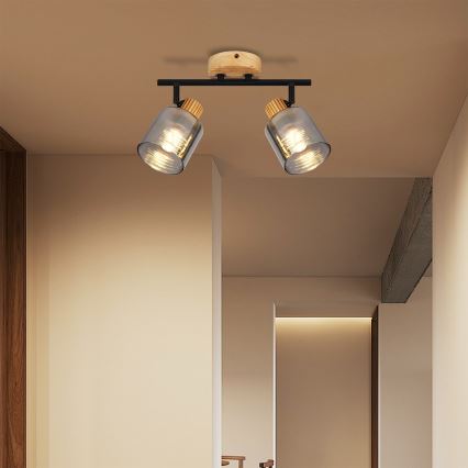 Brilagi - Spotleuchte HYGGE 2xE14/15W/230V Gummibaumholz/rauchglas