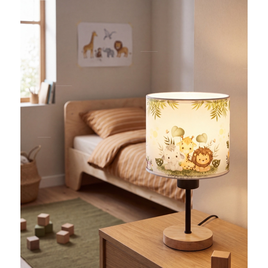 BRILAGI - Kinder-Tischlampe BOBO WOOD 1xE27/25W/230V Eiche/Schwarz/Weiß/Grün/Dschungel