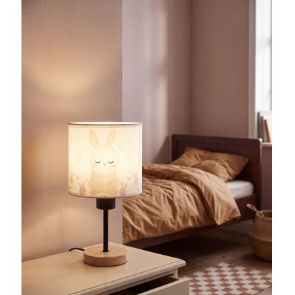 BRILAGI - Kinder-Tischlampe BOBO WOOD 1xE27/25W/230V Eiche/schwarz/weiß/Häschen