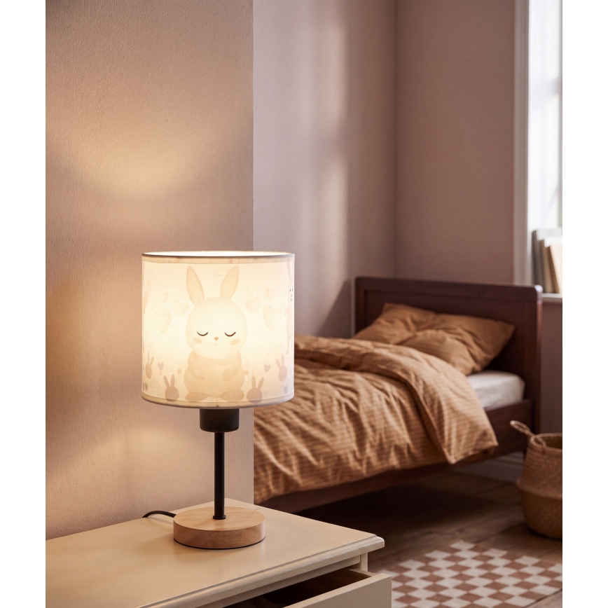 BRILAGI - Kinder-Tischlampe BOBO WOOD 1xE27/25W/230V Eiche/schwarz/weiß/Häschen