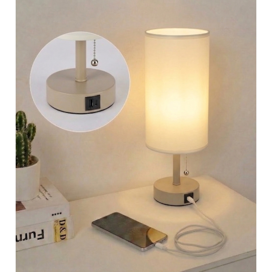 Brilagi - Tischlampe mit USB-Anschluss TABLON 1xE27/25W/230V beige/creme