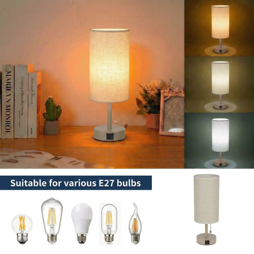 Brilagi - Tischlampe mit USB-Anschluss TABLON 1xE27/25W/230V beige/creme